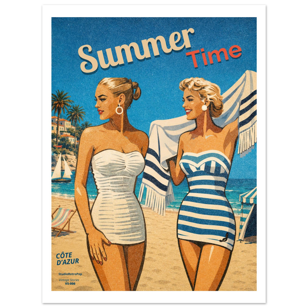 Affiche vintage Summer Time – Deux élégantes en maillot sur la plage de la Côte d'Azur, style années 50 – StudioRetroPop® VS-006