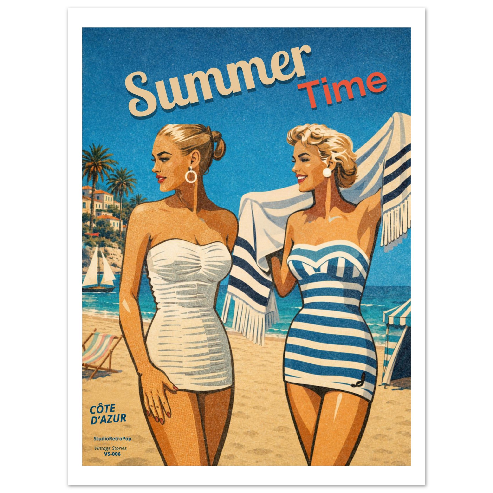 Affiche vintage Summer Time – Deux élégantes en maillot sur la plage de la Côte d'Azur, style années 50 – StudioRetroPop® VS-006