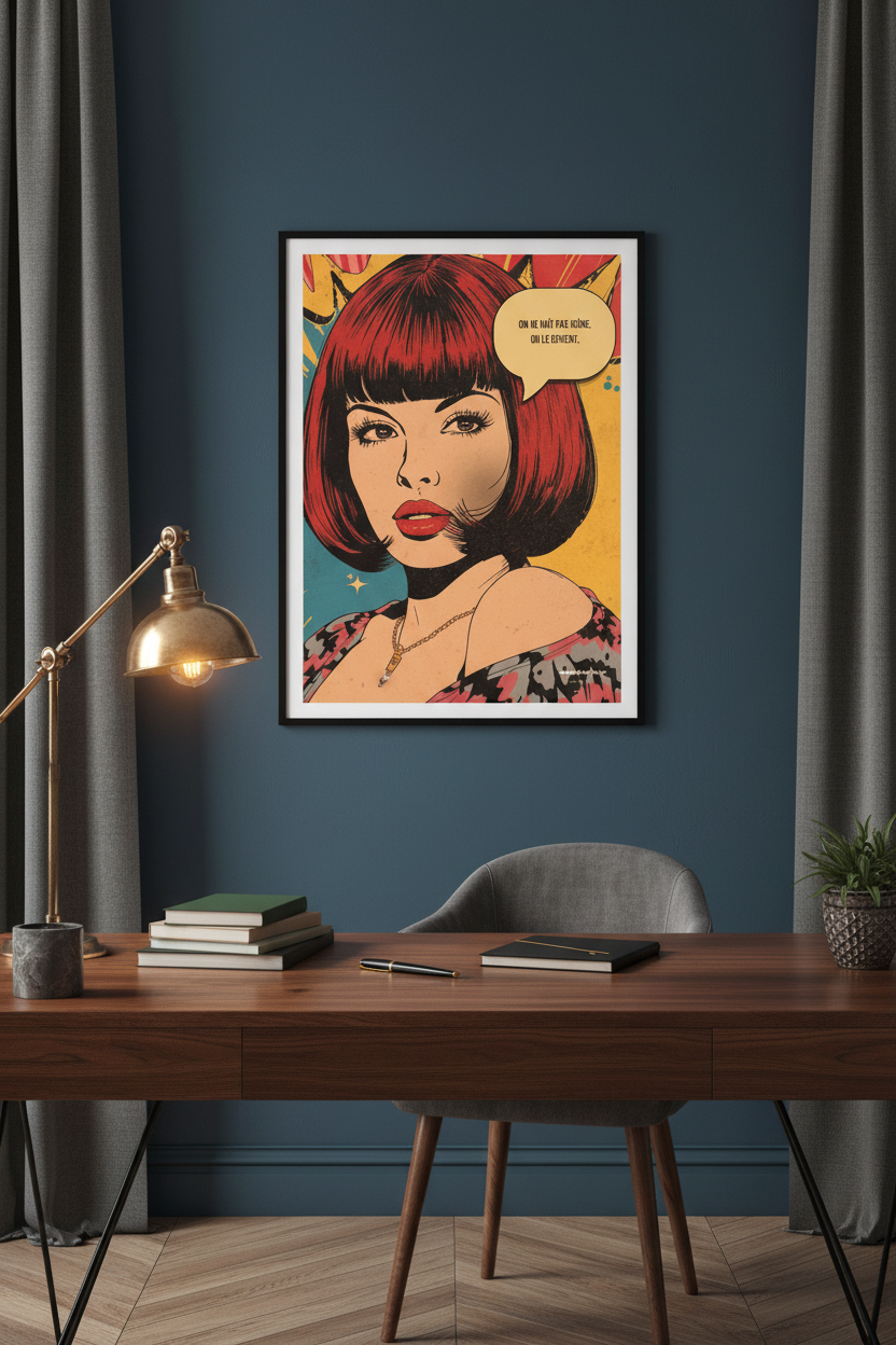 Affiche On ne naît pas Icône – mockup bureau chic, pop art rétro – StudioRetroPop