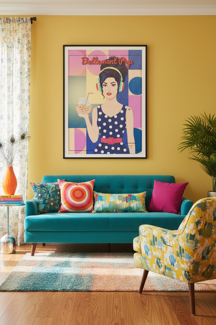 Affiche Battement Pop – mockup salon éclectique mid-century, pop art rétro – StudioRetroPop