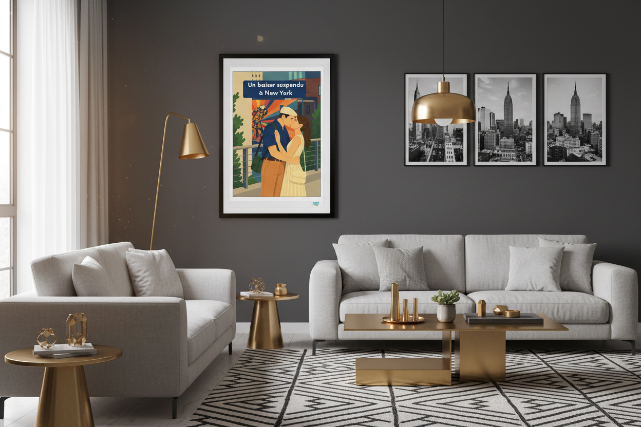Affiche Un baiser suspendu à New York dans un salon contemporain
