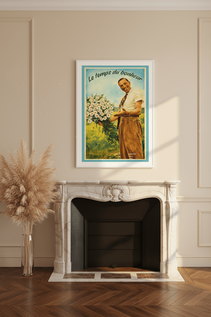 Affiche Le temps du bonheur encadrée dans un salon parisien, cheminée marbre, parquet chevrons, herbes de pampa, lumière dorée — StudioRetroPop®