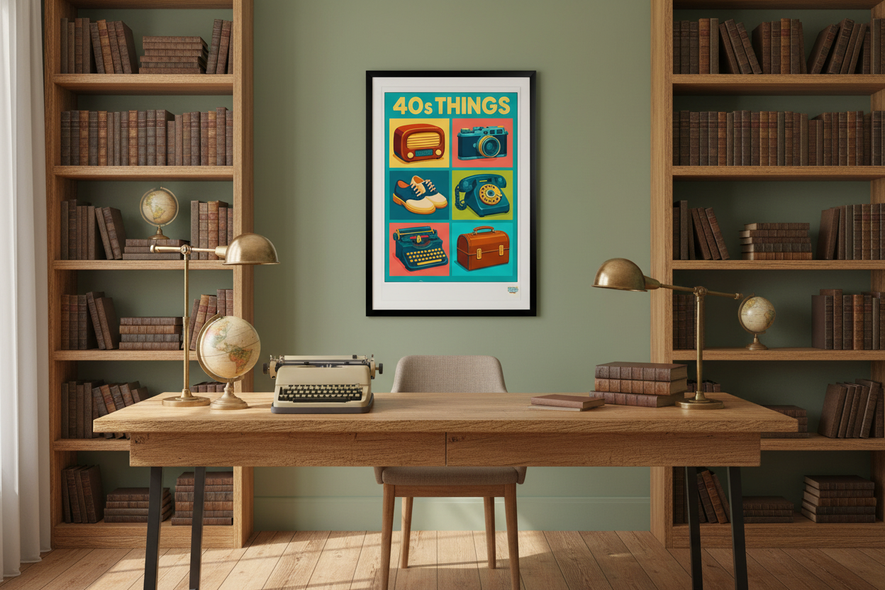 Affiche Objets des années 40 dans un bureau rustique