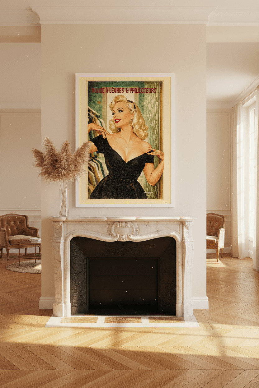Affiche Rouge à lèvres & Projecteurs encadrée dans un salon parisien, cheminée marbre, parquet chevrons, lumière dorée — StudioRetroPop®