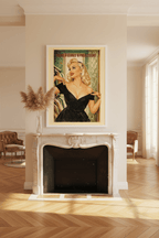 Affiche Rouge à lèvres & Projecteurs encadrée dans un salon parisien, cheminée marbre, parquet chevrons, lumière dorée — StudioRetroPop®