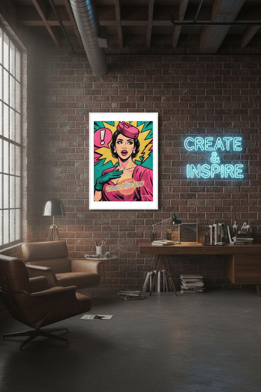 Affiche Choc Pop Art – mockup studio créatif loft urbain, pop art rétro – StudioRetroPop