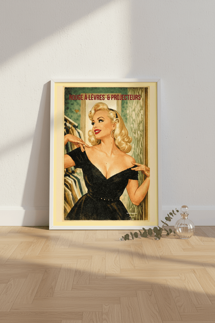 Affiche Rouge à lèvres & Projecteurs posée sur parquet bois clair, flat lay avec eucalyptus et flacon de parfum vintage, lumière naturelle — StudioRetroPop®