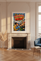 Affiche Tu réchauffes mon cœur encadrée dans un salon parisien, cheminée marbre, parquet chevrons, lumière dorée — StudioRetroPop®