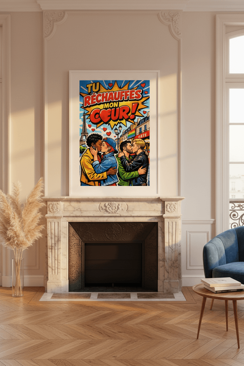 Affiche Tu réchauffes mon cœur encadrée dans un salon parisien, cheminée marbre, parquet chevrons, lumière dorée — StudioRetroPop®