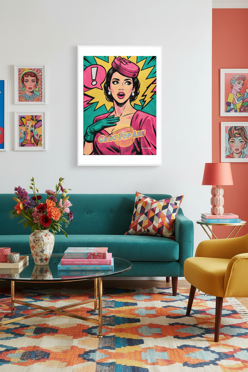 Affiche Choc Pop Art – mockup salon éclectique mid-century, pop art rétro – StudioRetroPop