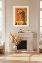 Affiche Le baiser volé encadrée dans un salon parisien, cheminée marbre, parquet chevrons, herbes de pampa, lumière dorée — StudioRetroPop®