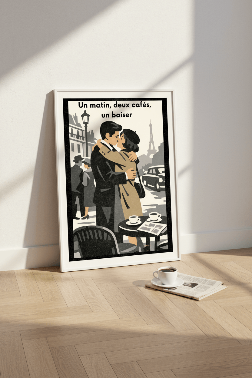 Affiche Un matin, deux cafés, un baiser posée sur parquet bois clair, flat lay avec tasse espresso et journal plié, lumière matinée chaude — StudioRetroPop®