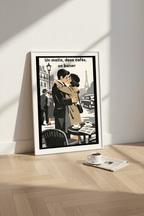Affiche Un matin, deux cafés, un baiser posée sur parquet bois clair, flat lay avec tasse espresso et journal plié, lumière matinée chaude — StudioRetroPop®