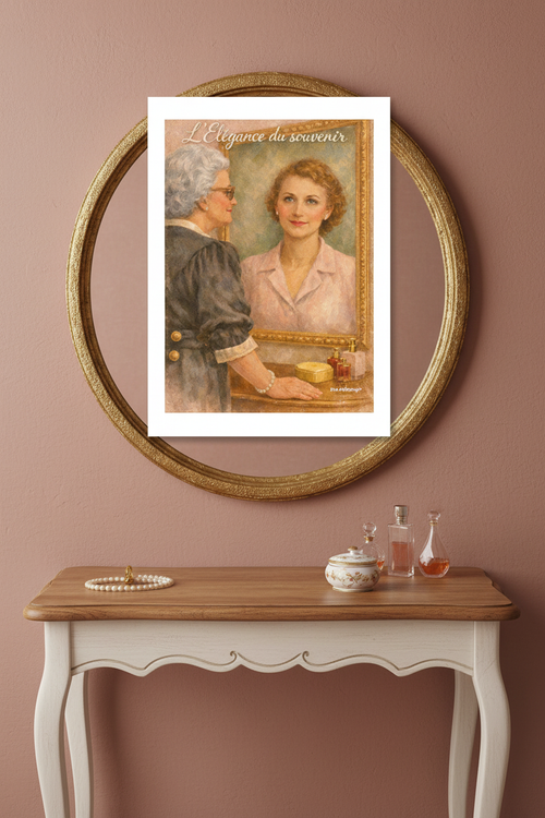 Affiche L’Élégance du souvenir dans un boudoir mur rose poudre, coiffeuse dorée, bracelet de perles, flacons de parfum cristal et boîte à poudre, éclairage intime — StudioRetroPop®