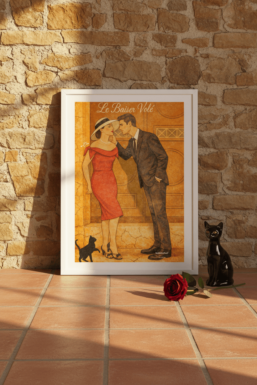 Affiche Le baiser volé posée sur carrelage terracotta, flat lay avec figurine chat noir et rose rouge, lumière chaude après-midi — StudioRetroPop®