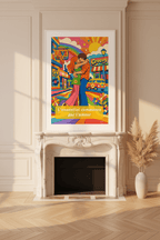 Affiche L’essentiel commence par l’amour encadrée dans un salon parisien, cheminée marbre, parquet chevrons, herbes de pampa, lumière dorée — StudioRetroPop®