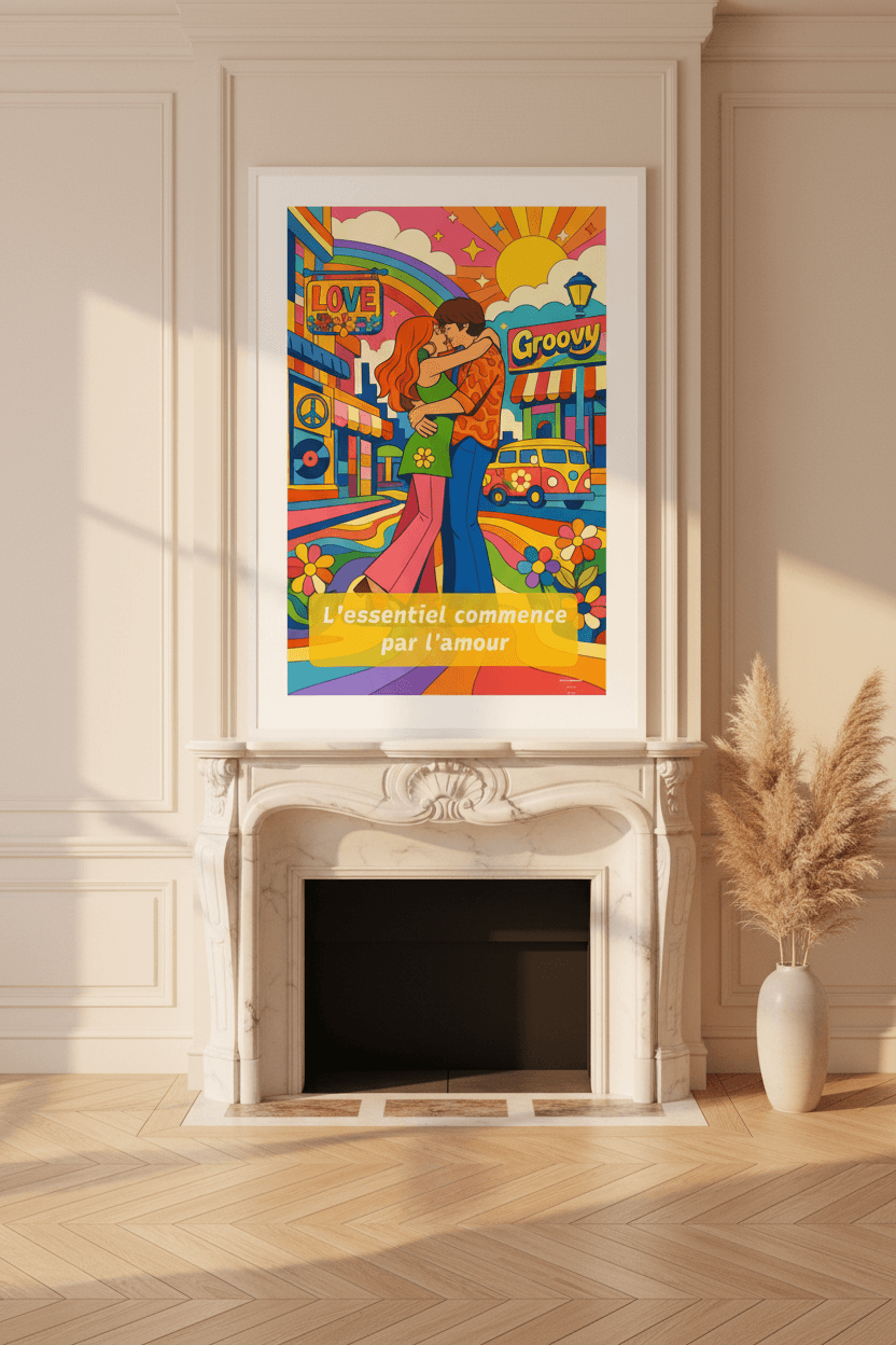 Affiche L’essentiel commence par l’amour encadrée dans un salon parisien, cheminée marbre, parquet chevrons, herbes de pampa, lumière dorée — StudioRetroPop®