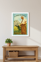 Affiche Le temps du bonheur dans une entrée lumineuse, console bois avec plante en pot et panier osier, mur blanc chaud — StudioRetroPop®