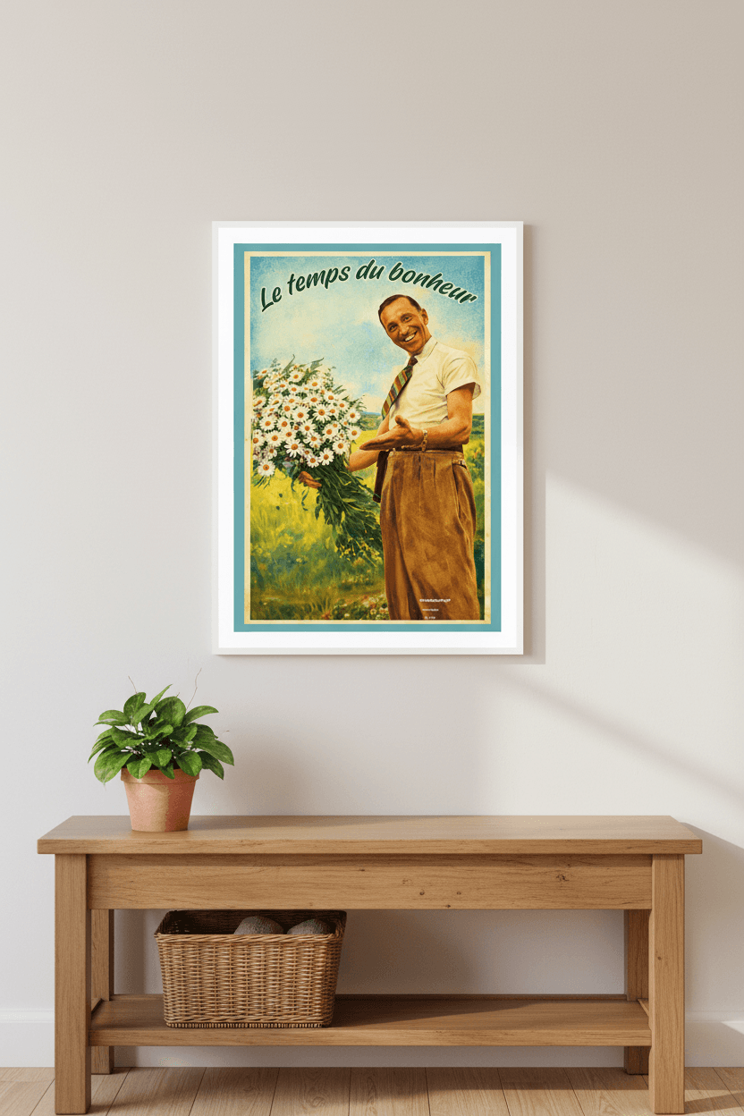 Affiche Le temps du bonheur dans une entrée lumineuse, console bois avec plante en pot et panier osier, mur blanc chaud — StudioRetroPop®