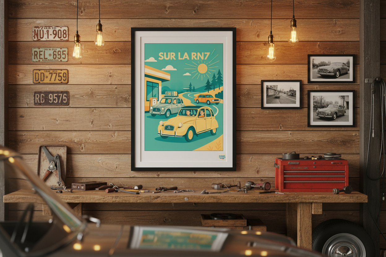 Affiche Sur la RN7 Années 50 dans un garage vintage