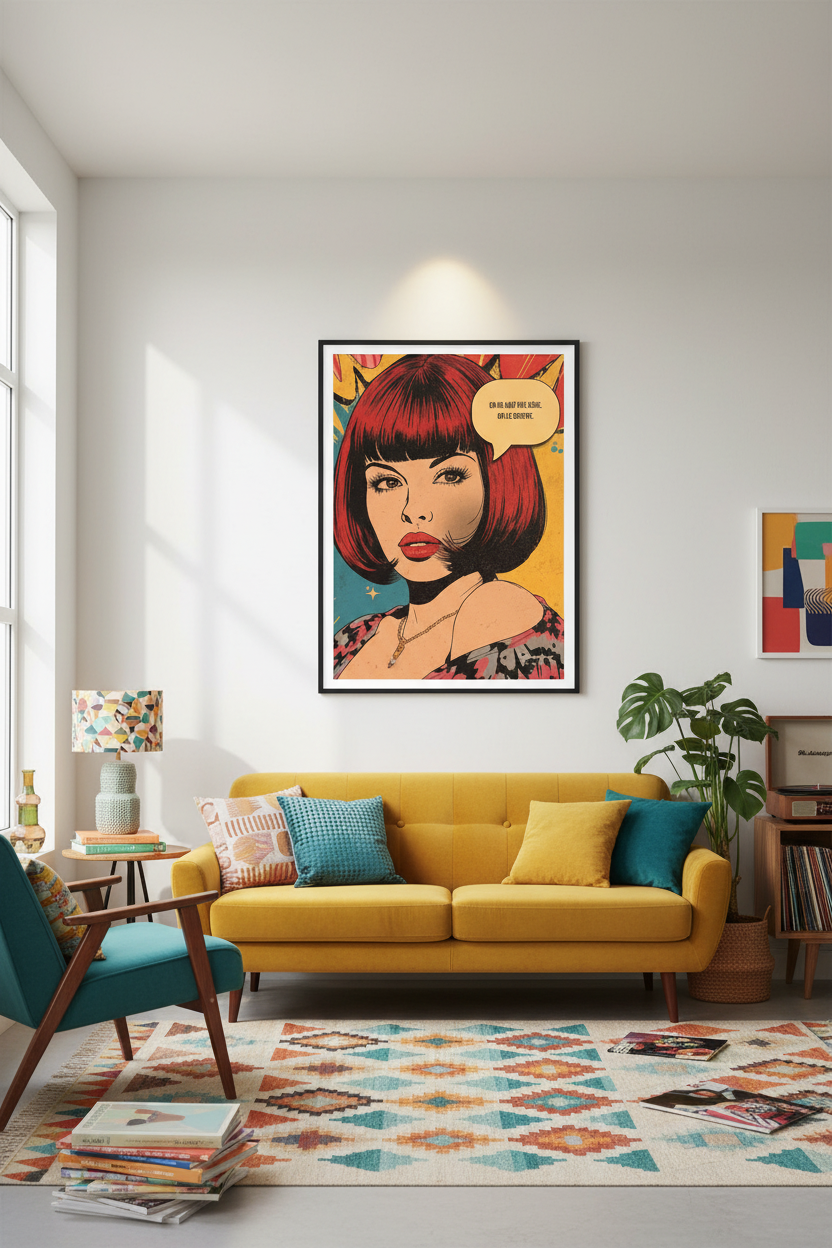 Affiche On ne naît pas Icône – mockup salon éclectique mid-century, pop art rétro – StudioRetroPop