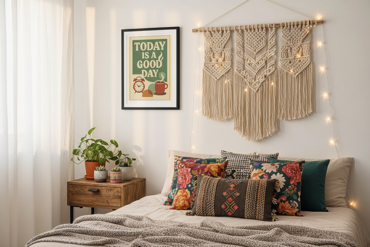 Affiche Today is a Good Day dans une chambre cosy