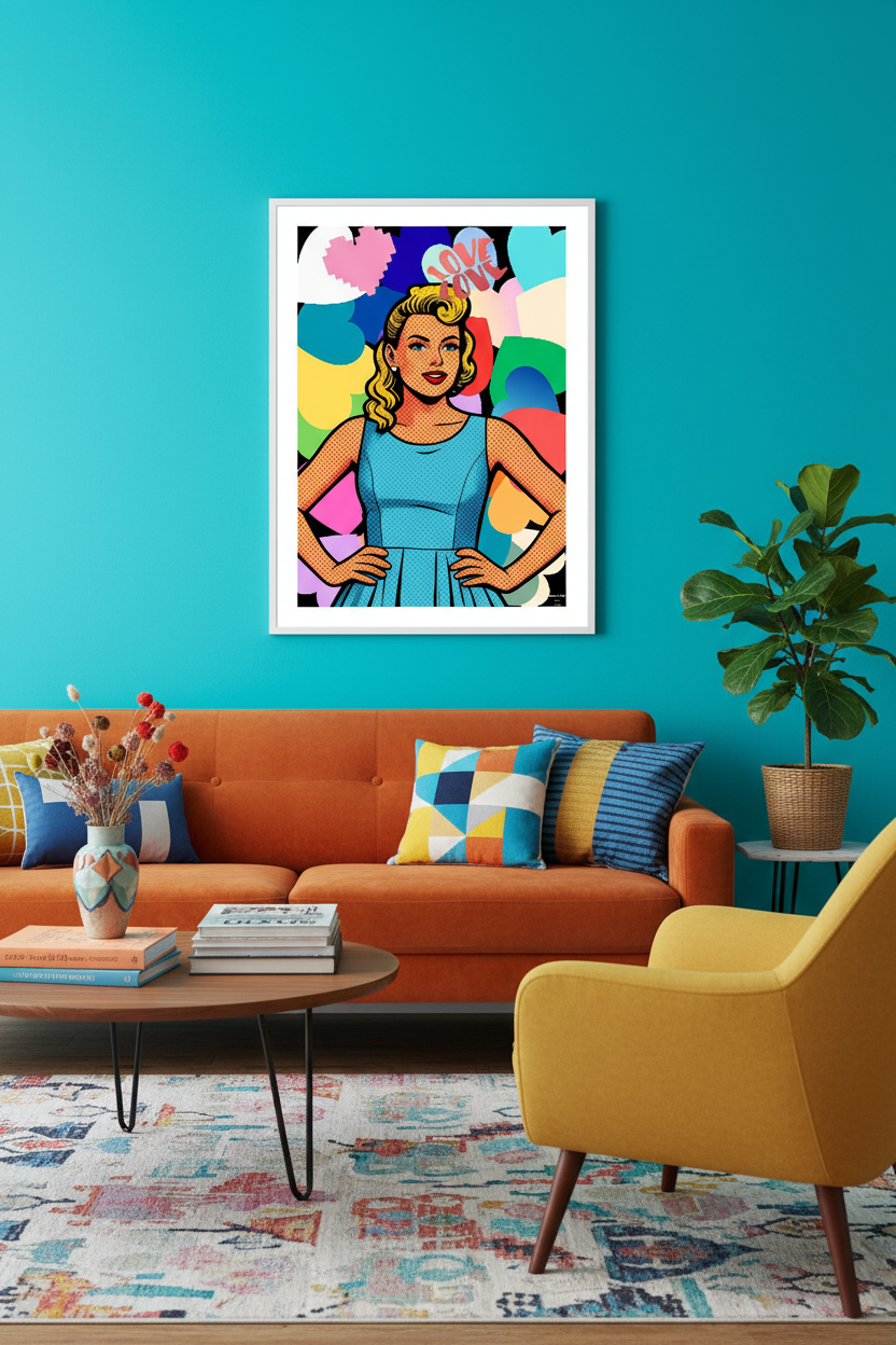 Affiche Love Love Girl – mockup salon éclectique mid-century, pop art rétro – StudioRetroPop