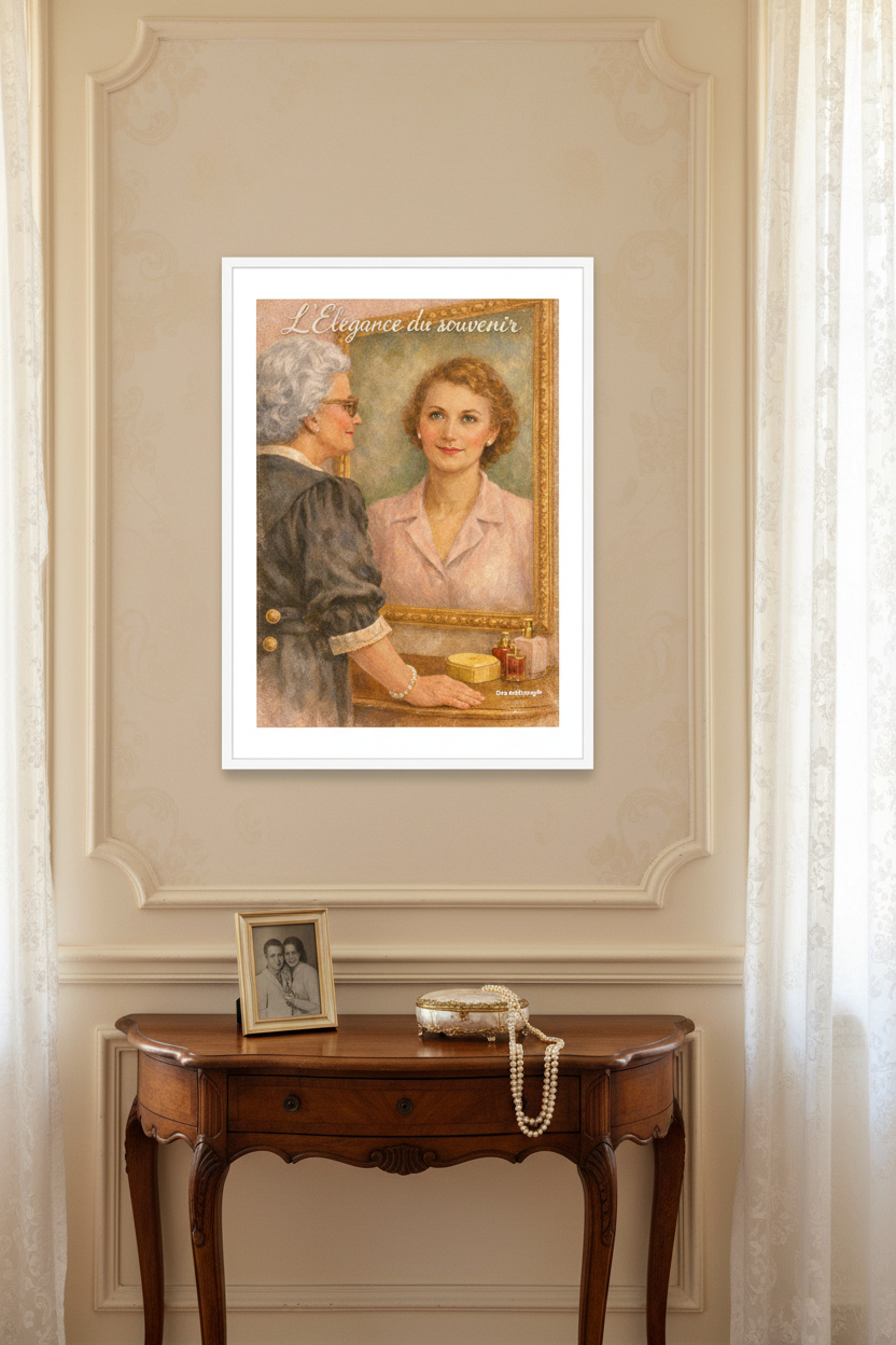 Affiche L’Élégance du souvenir dans un salon français élégant, console ivoire, photo de famille encadrée dorée, collier de perles et boîte à bijoux, lumière après-midi — StudioRetroPop®