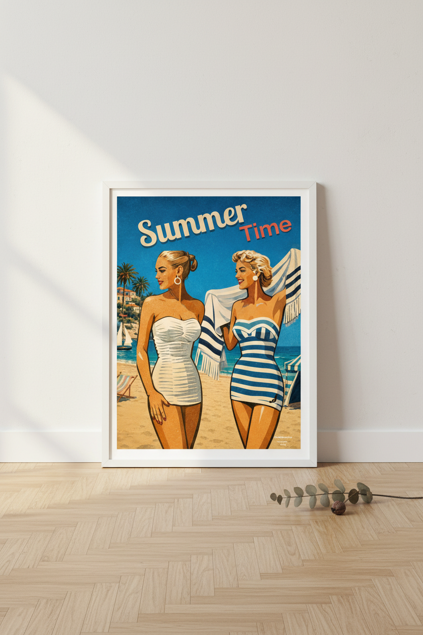 Affiche Summer Time posée sur parquet bois clair, flat lay avec eucalyptus séché, lumière naturelle douce — StudioRetroPop®