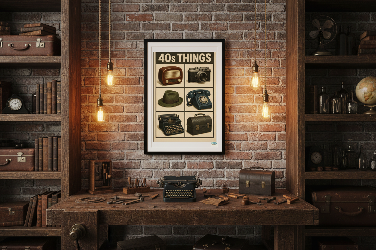 Affiche Les objets des Années 40 dans un atelier vintage