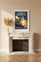 Affiche Living in America encadrée dans un salon parisien, cheminée marbre, parquet chevrons, herbes de pampa, lumière dorée — StudioRetroPop®
