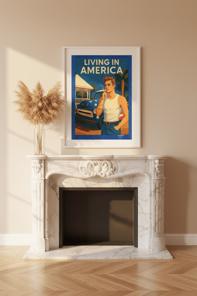 Affiche Living in America encadrée dans un salon parisien, cheminée marbre, parquet chevrons, herbes de pampa, lumière dorée — StudioRetroPop®