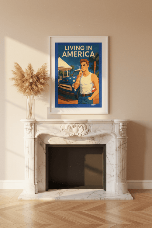 Affiche Living in America encadrée dans un salon parisien, cheminée marbre, parquet chevrons, herbes de pampa, lumière dorée — StudioRetroPop®