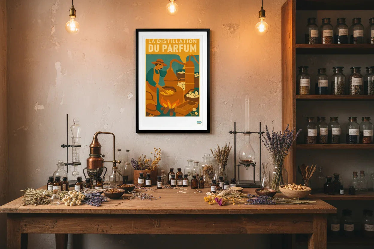 Affiche La distillation du Parfum Années 80- 49 x 69 cm avec cadre - Art Rétro Pop - StudioRetroPop