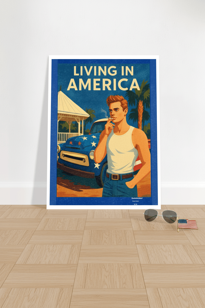 Affiche Living in America posée sur parquet bois clair, flat lay avec drapeau américain vintage et lunettes aviateur, lumière naturelle — StudioRetroPop®