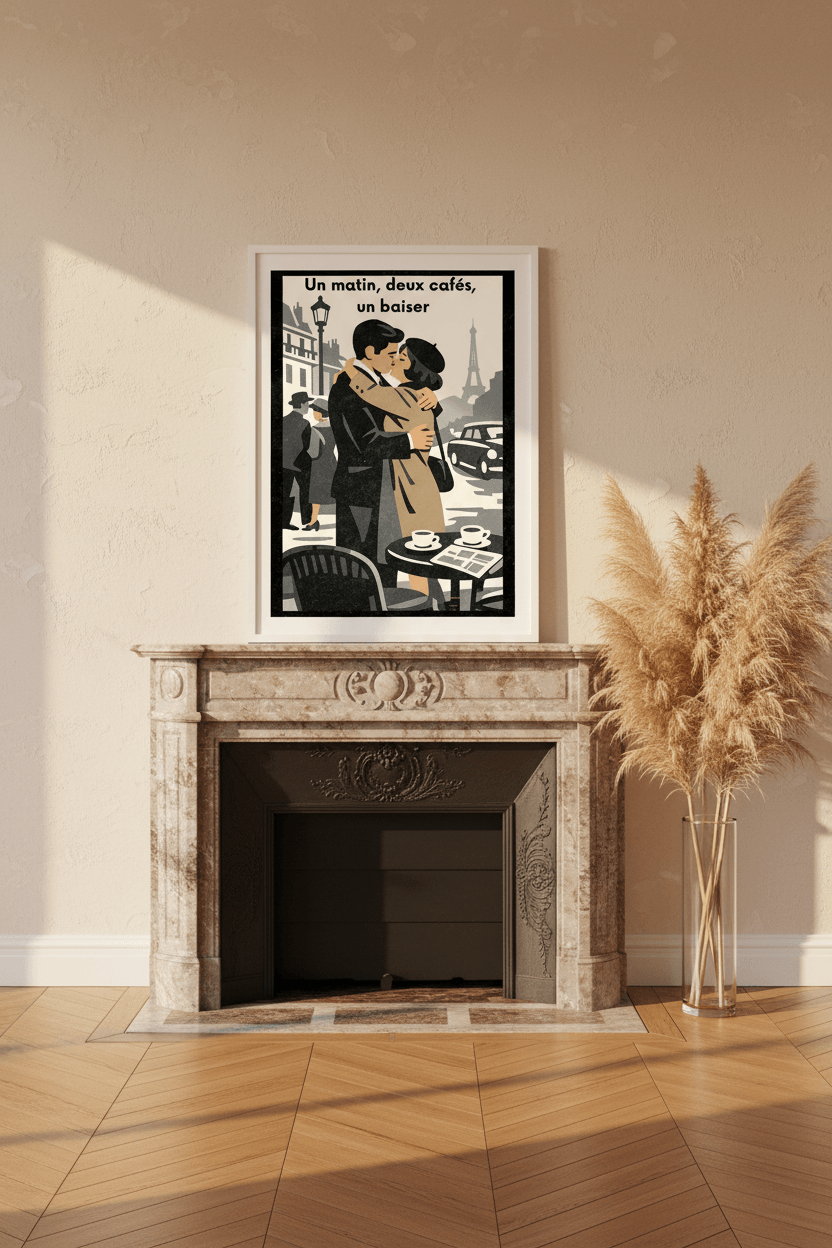 Affiche Un matin, deux cafés, un baiser encadrée dans un salon parisien, cheminée marbre, parquet chevrons, herbes de pampa, lumière dorée — StudioRetroPop®