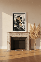 Affiche Un matin, deux cafés, un baiser encadrée dans un salon parisien, cheminée marbre, parquet chevrons, herbes de pampa, lumière dorée — StudioRetroPop®