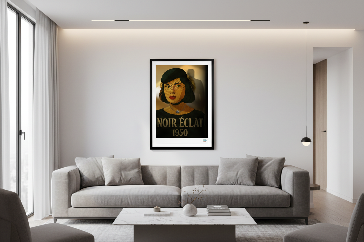 Affiche Noir Éclat Années 50 dans un salon moderne élégant