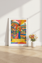 Affiche L’essentiel commence par l’amour posée sur parquet bois clair, flat lay avec bouquet de marguerites colorées dans un vase céramique, lumière naturelle — StudioRetroPop®