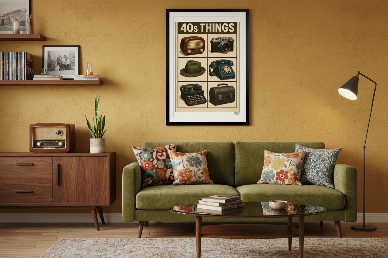 Affiche Les objets des Années 40 dans un salon rétro