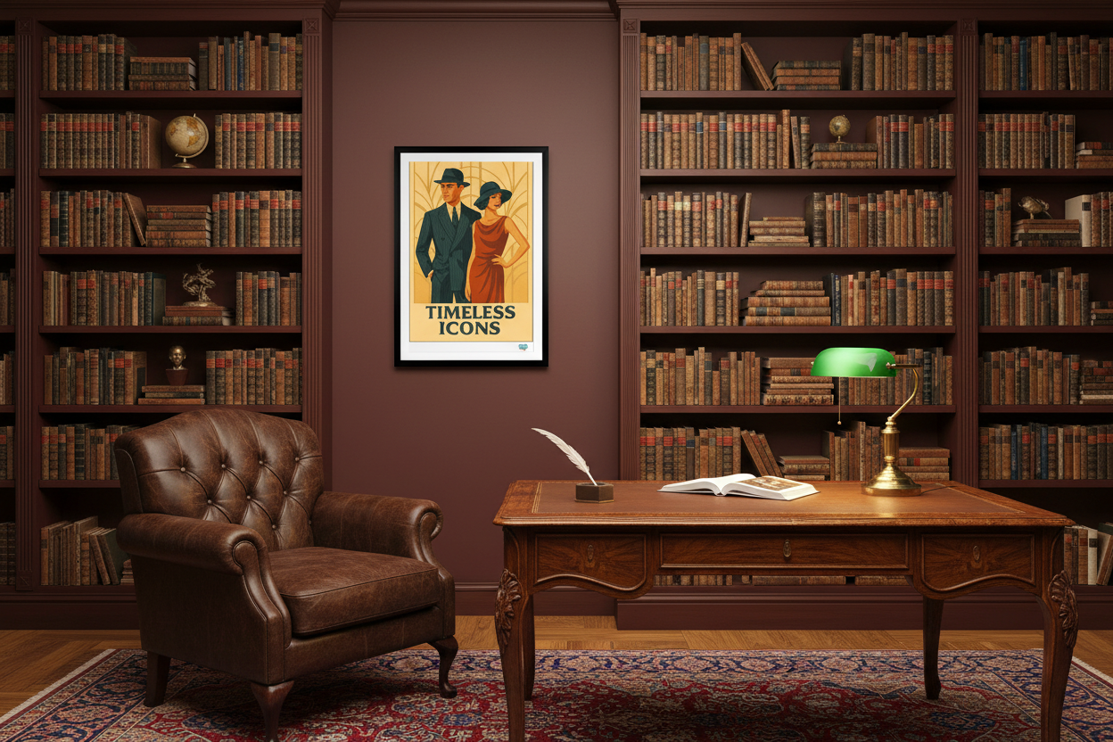 Affiche timeless icons dans une bibliothèque classique