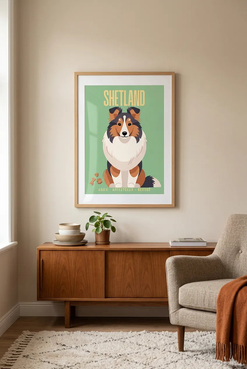 Affiche Shetland encadrée dans un salon cosy avec mobilier en bois et tapis doux