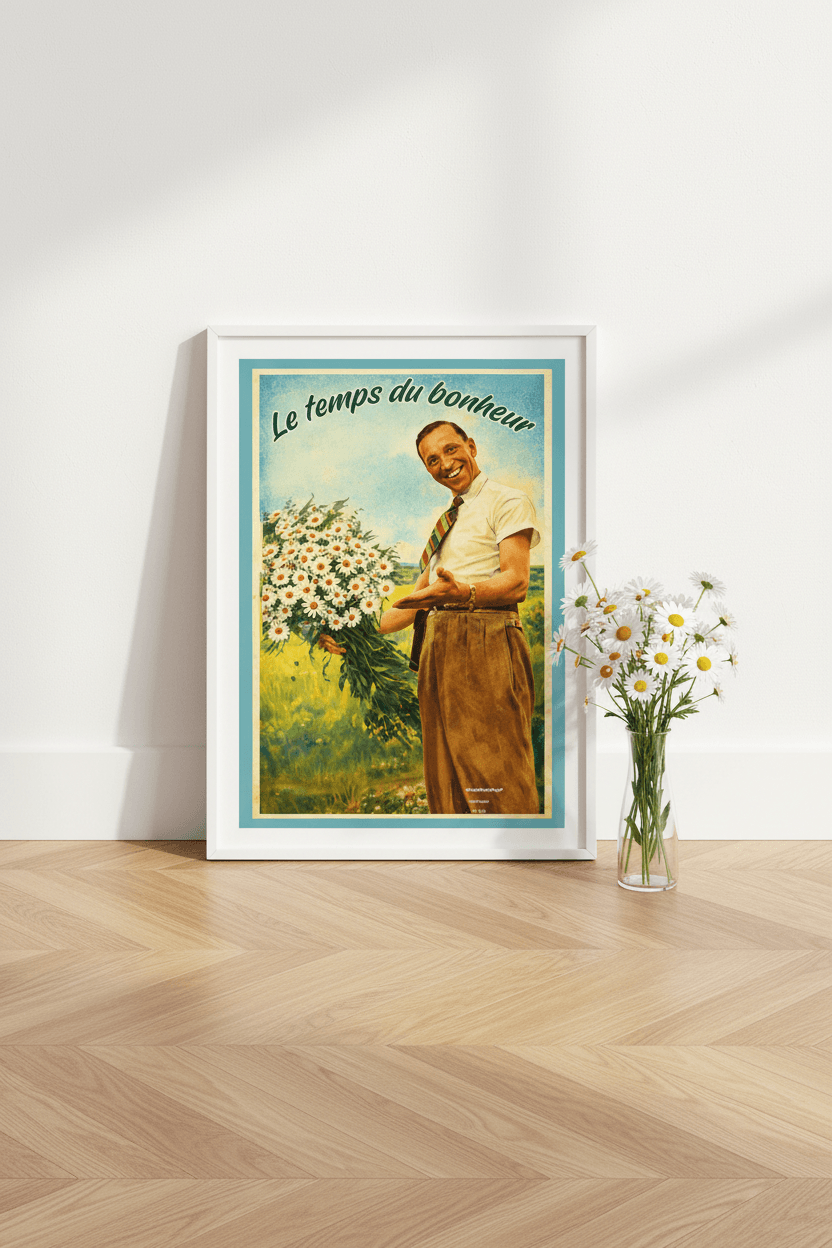 Affiche Le temps du bonheur posée sur parquet bois clair, flat lay avec bouquet de marguerites fraîches dans un vase en verre, lumière naturelle — StudioRetroPop®