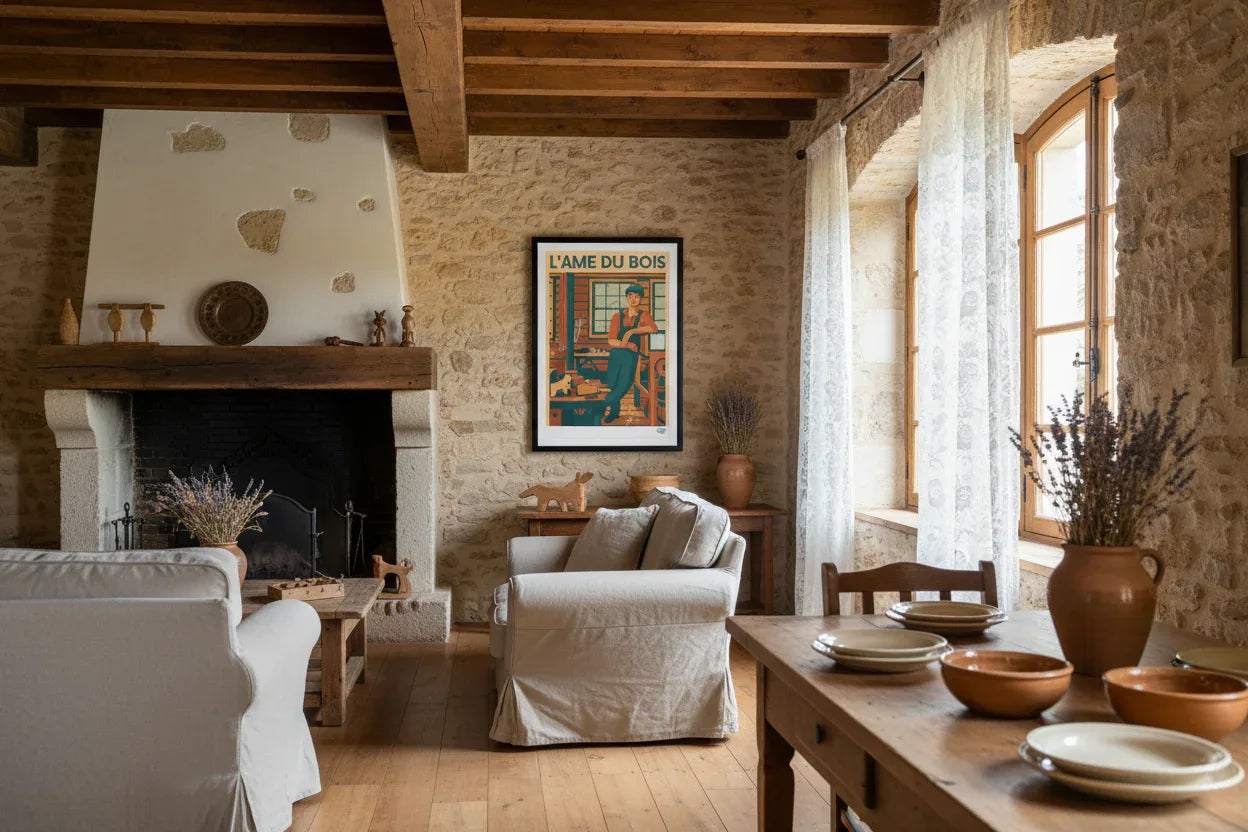 Affiche L'âme du bois Années 40 - Mockup maison de campagne