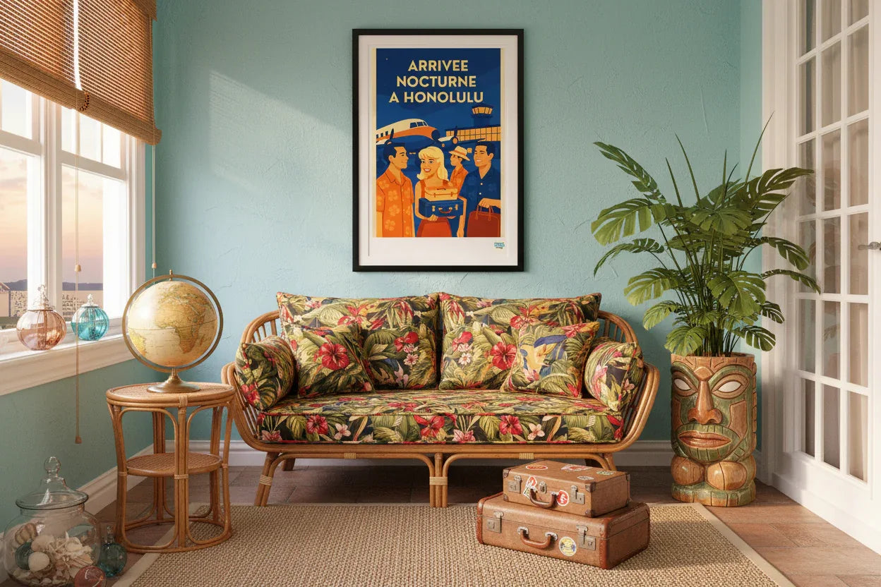 Affiche vintage Arrivée Nocturne à Honolulu Années 50 décoration murale salon