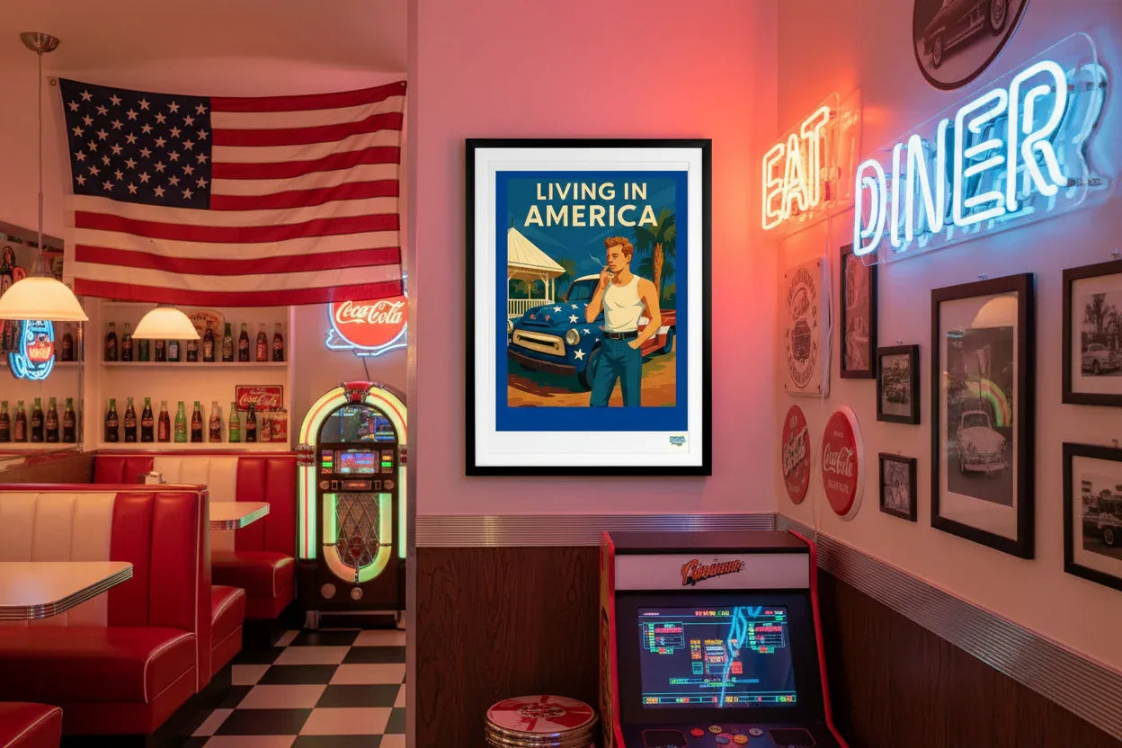 Affiche rétro Living in America Années 60 décoration murale diner