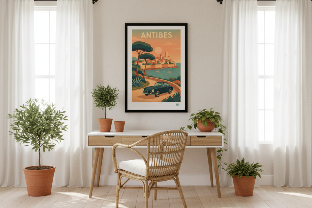 Affiche Antibes années 60 dans bureau côtier - décoration murale rétro pop Méditerranée