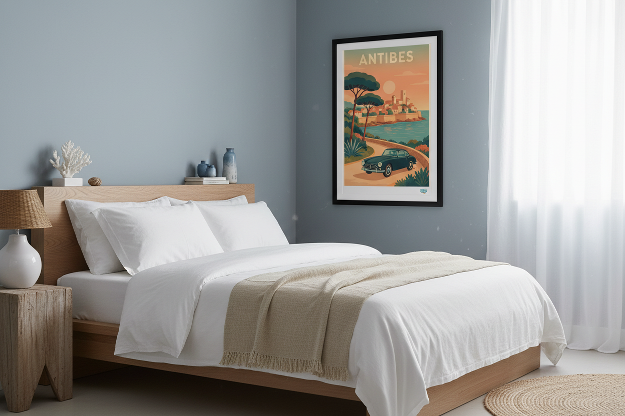 ffiche Antibes années 60 dans chambre côtière - décoration art rétro voyage