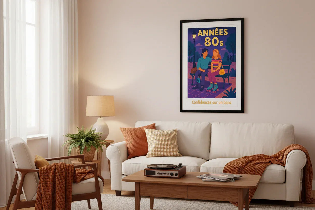 Affiche rétro Confidences sur un Banc Années 80 décoration murale