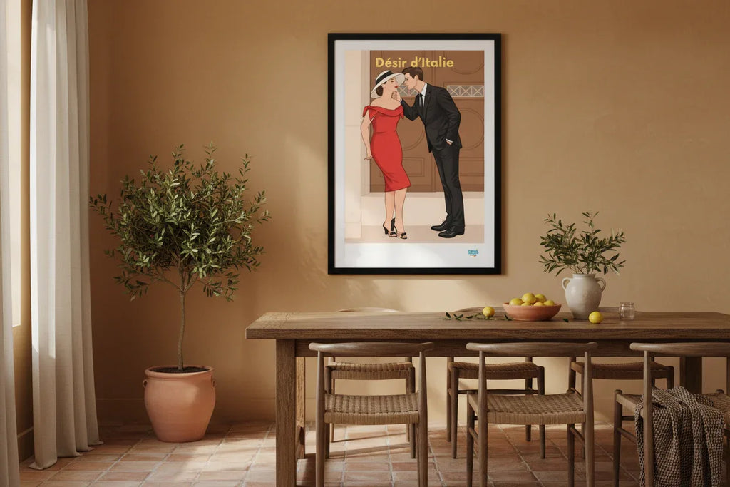 Affiche Désir d'Italie années 60 dans salle à manger italienne - décoration murale rétro pop